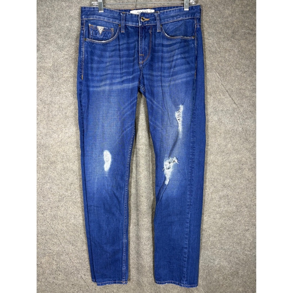 Guess Los Angeles Mens Slim Straight Distressed Blue Jeans Size 30 M71AS1R2J70‎